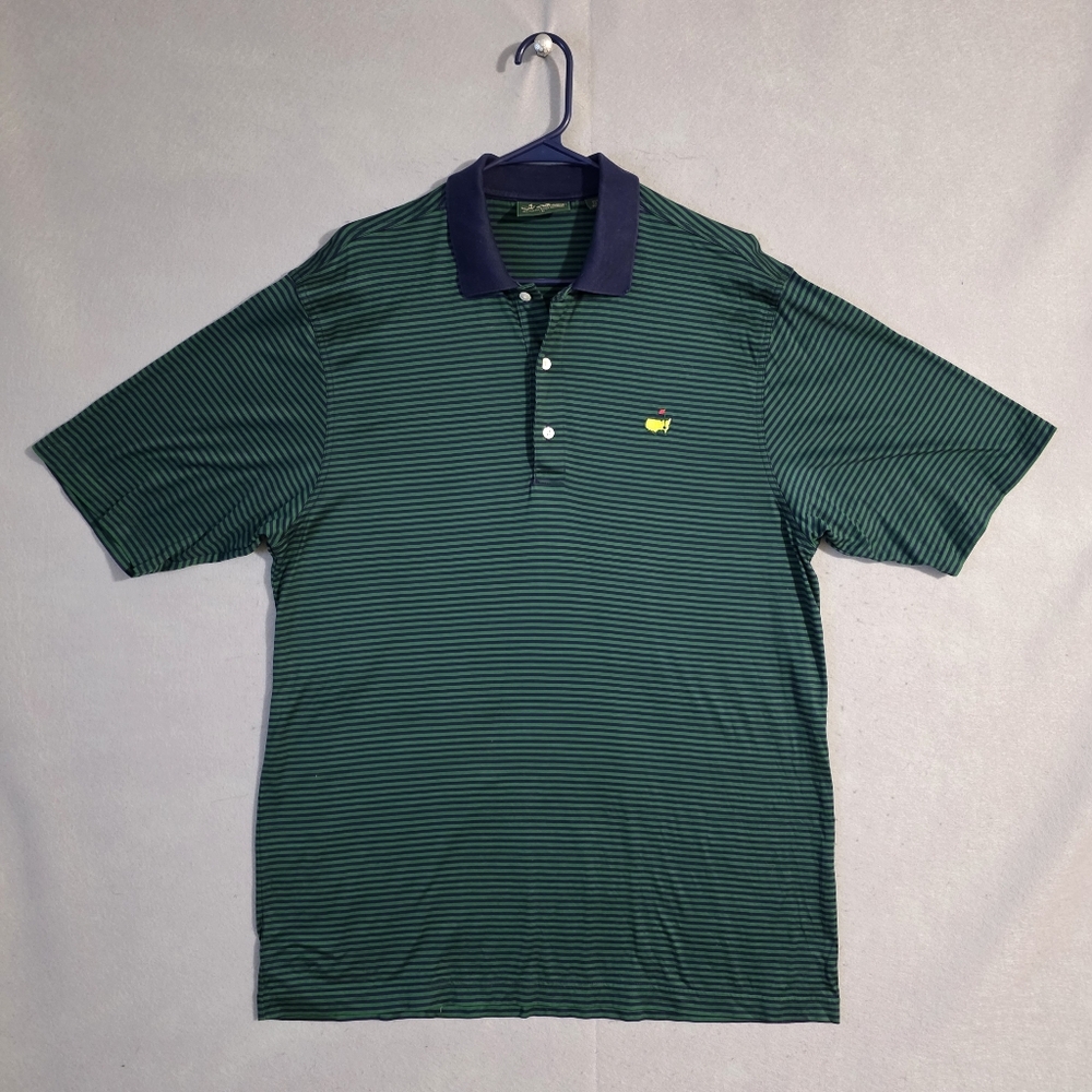 Amen Corner Masters Mens 60s Two Ply Green & Navy Striped Golf Polo Size Large
